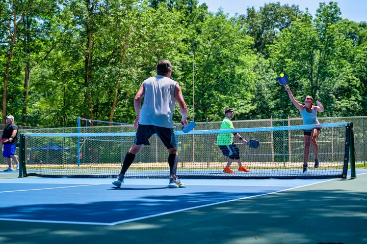 A doubles game of pickleball